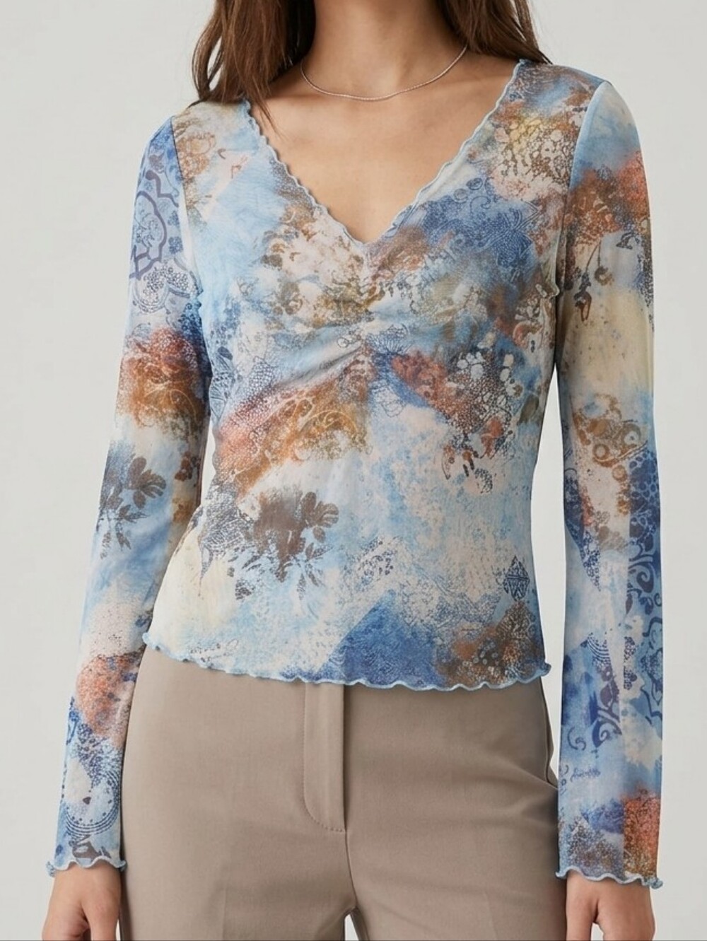 NWT Abstract Watercolor Bell Sleeve Mesh Top Size XL Ruched V-Neck Lettuce Edge